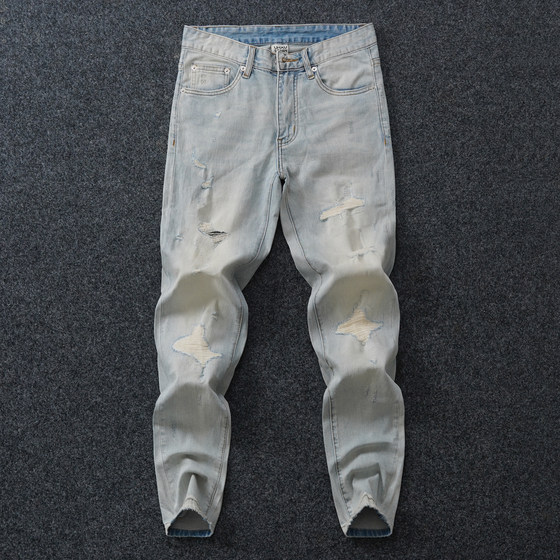 
Autumn and winter original high-end ripped jeans for men, light blue, retro, nostalgic, slim feet, stretchy, trendy brand personality