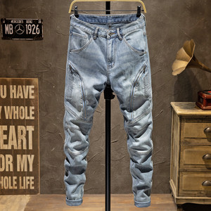 
Autumn and winter high-end retro nostalgic light blue washed zipper splicing motorcycle jacket jeans for men with slim feet and elasticity