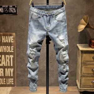
Autumn and winter original light blue jeans men's slim fit elastic fake hole patch fashion brand high-end trend