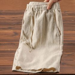 Summer light and breathable ramie shorts solid color simple elastic drawstring cotton beach casual loose five-point pants men