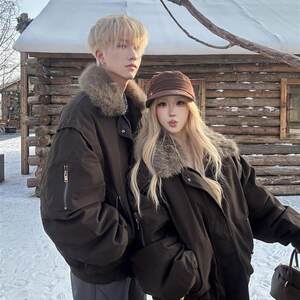 
American retro workwear style fur collar style overcoming men's and women's thickened warm jackets winter cotton coats coats couples wear winter