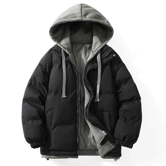 
Down jacket men's winter new couple's coat loose fake two-piece Hong Kong style trendy thickened hooded bread coat