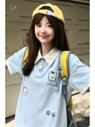 American College Style Short-Sleeved Polo Collar T-Shirt for Women, Regular Shoulder, New Summer Design, Niche Style, Top for Junior High School Students