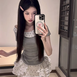 Miu Series Gentle Polka Dot Collar Short-Sleeved T-Shirt for Women, New Summer Style, Chic Slim Fit, Slimming White Short Skirt Two-Piece Set