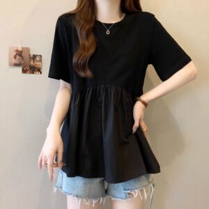 
Maternity clothing black doll shirt short-sleeved T-shirt in summer new fat mm loose belly covering fashionable age-reducing top for women