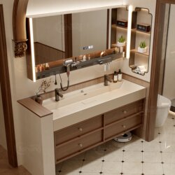 Walnut Wood Antique-Style Microcrystalline Stone Integrated Ocean Basin Bathroom Sink Washbasin Bathroom Cabinet Set