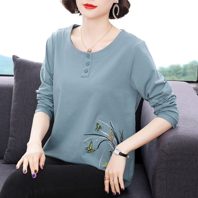 Mom Spring and Autumn Clothing 2025 new autumn clothes wear pure cotton long-sleeved T-shirt for women and middle-aged women's tops loose base shirt