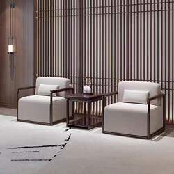 New Chinese-Style Reception Room Sofa, Vip Business Office Meeting Room Reception Area, Genuine Leather Single Sofa and Coffee Table Set