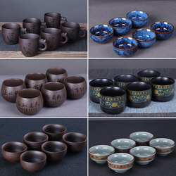 Ceramic Kung Fu Tea Cup Set, 6 Pieces, Purple Clay Tea Tasting Cups, Small Tea Bowls, Ge Kiln Tea Set, Kiln-Glazed Tea Cups