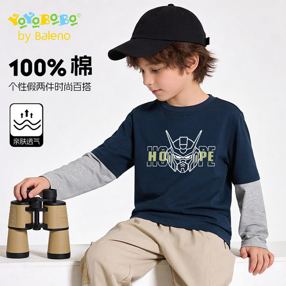 
Baleno YBB series boys' t-shirt long-sleeved spring 2026 new children's fake two-piece cotton tops for older children