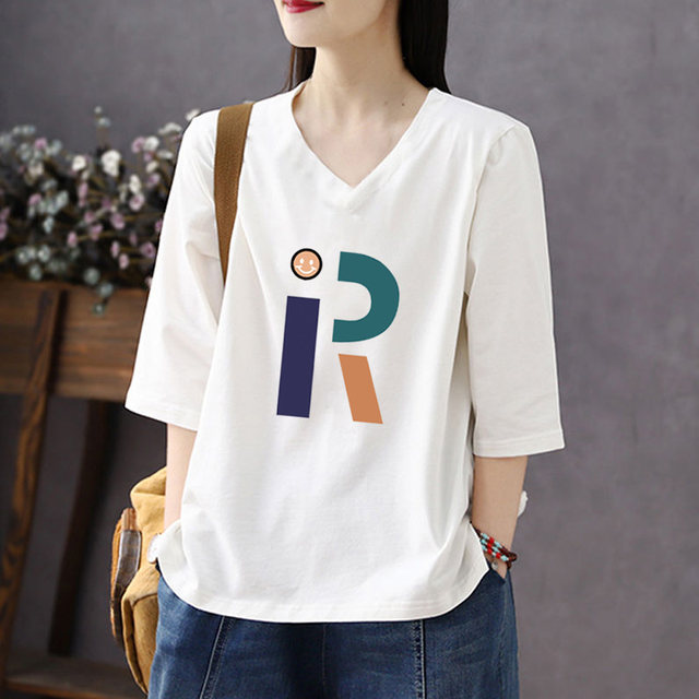 Black V -neck seven -sleeved bottoming shirt female insps in the summer of 2025 pure cotton loose and thin all -round cuff T -shirt tide
