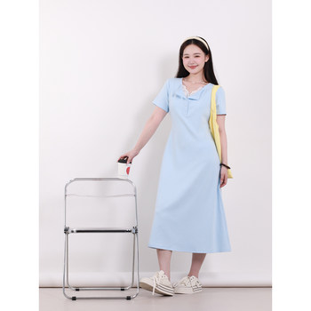 
Xia Dada Large Size Women's Clothing Lace-edged Short Sleeve Waist Dress New Short Sleeve V-neck Mid-Long Skirt Women's Dress