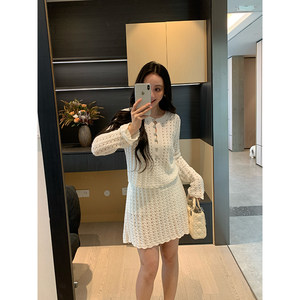 
XINYI [Jasmine Milk White] Autumn Hollow Knitted Cardigan + High Waist Skirt Slim Fashion Suit for Women