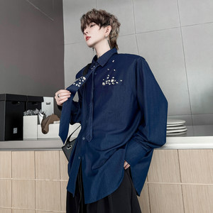 
Korean retro niche hand-beaded tie decoration design shoulder pad denim shirt men's high-end shirt trend