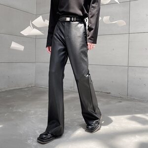 Spring and autumn trend simple flared leather pants Men's fashionable versatile legs long locomotive, handsome wide -legged trousers hairstyle