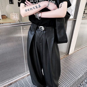 Retro street-fried handsome PU leather pants men's catwalk ins internet celebrity American high street high-end scimitar pants floor-moving trousers