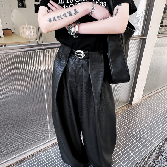 Retro street-fried handsome PU leather pants men's catwalk ins internet celebrity American high street high-end scimitar pants floor-moving trousers