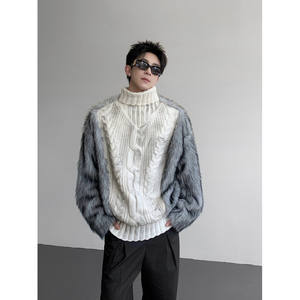 Autumn and winter design fur stitching twisted turtleneck sweater men's thickened warm high-end knitted sweater fur coat