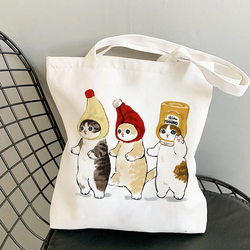 Cartoon Cat Kawaii Cat Print Canvas Bag Harajuku Shoulder Bag Student Casual Tote Shopping Bag Student