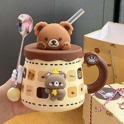 Mug Birthday Gift for Girls, Cute Couple Bear Ceramic Cup, Office High-Value Water Cup for Home Use