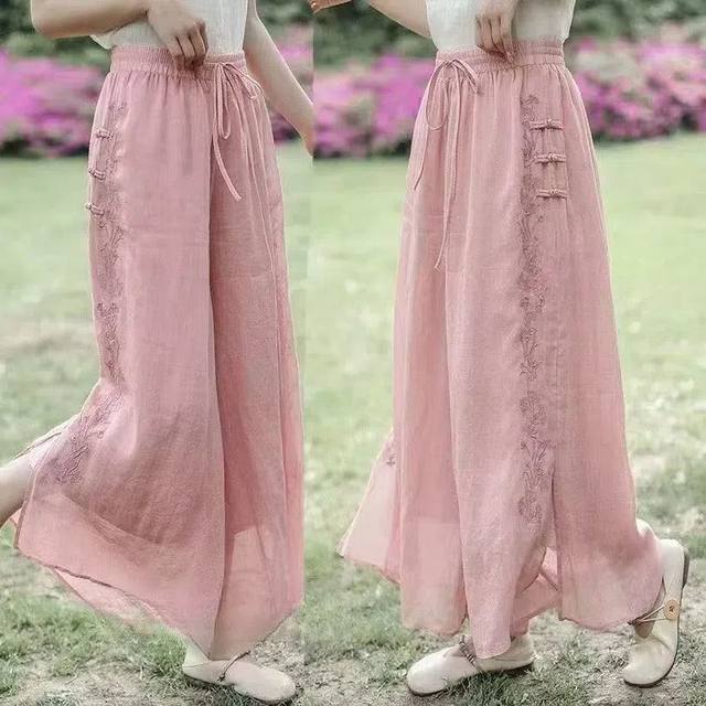 High-end embroidered pure large size women's summer thin style high waist big swing nine-point slim white casual double-layer wide-leg skirt pants