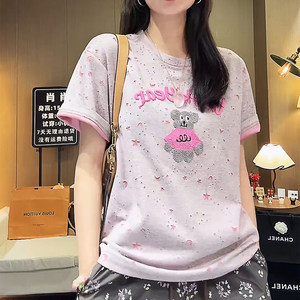 
Heavy industry burnt flower embroidery bear short-sleeved T-shirt for women 2026 summer new style versatile loose slimming women's top trendy