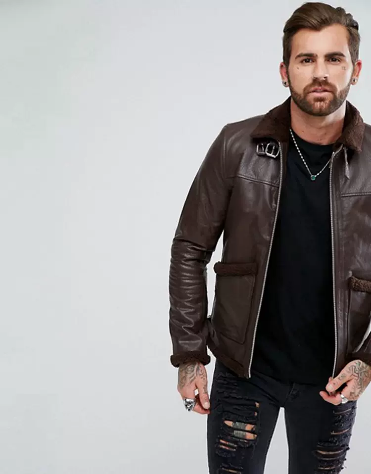 现货ASOS Borg Lined Leather Jacket 毛领真皮皮衣加厚棕色夹克