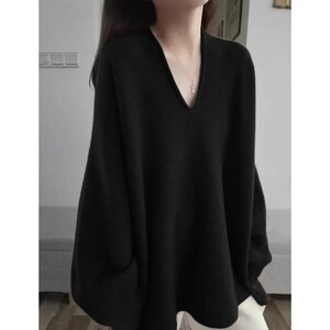 
Extra large size 2-300*0.5kg lazy style black V-neck long-sleeved sweater for women gentle style loose versatile pullover sweater