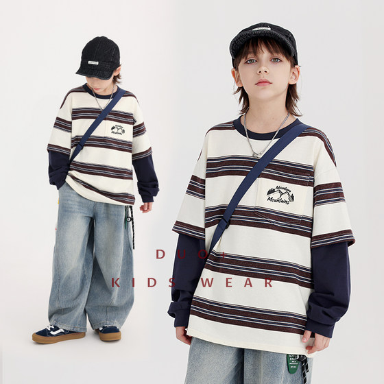 
Duojia trendy brand children's clothing boys mountain camping fake two-piece t-shirt 2026 spring new style children's long-sleeved tops trendy