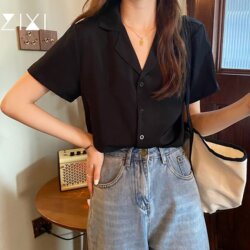 Black Chiffon Short-Sleeved Shirt Women's Suit-Style Regular Shoulder 2026 Summer New Shirt Petite French Commuter Top