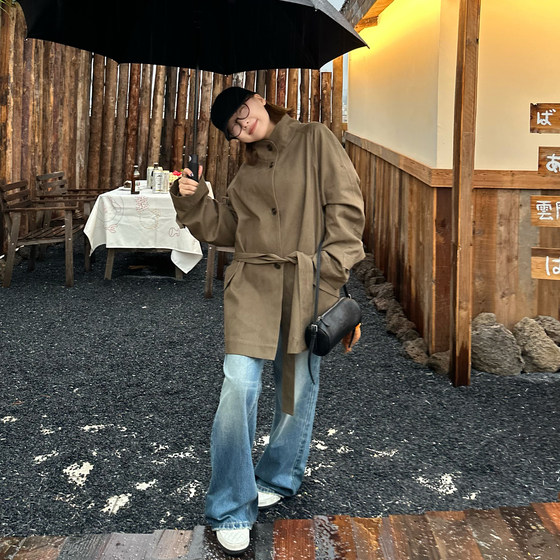 
Our2[Small cape windbreaker] Autumn and winter mid-length lace-up button workwear retro stand-up collar windbreaker jacket for women