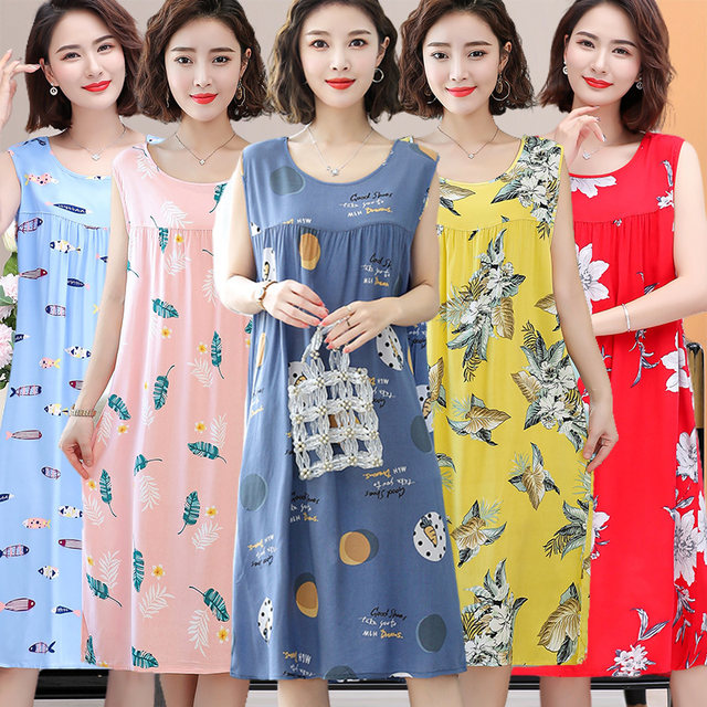 Pure cotton silk sleeveless suspender nightgown for women summer thin plus size loose tank top dress artificial cotton mid-length pajamas