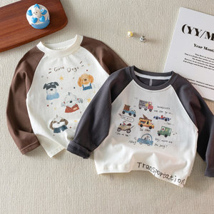 
Children's long-sleeved T-shirt 25 autumn boys Japanese trendy brand raglan sleeve bottoming shirt baby cartoon top girls contrasting color T-shirt