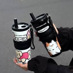 Large-Capacity Ice Cup with Ceramic Inner Liner, Stainless Steel Straw, Insulated Cup with Tea Infuser, Portable Car-Mounted Coffee Cup