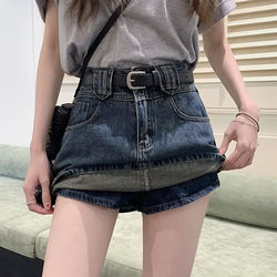 Plus-Size Vintage Denim Skirt for Women, Summer, Anti-Exposure, High-Waisted, Slimming, Hip-Hugging A-Line Short Skirt Pants
