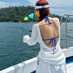 Sexy Korean style backless blouse, loose, lazy and pleated, versatile white anti-skin slimming blue bikini for hot girls