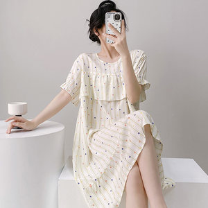 
New cotton silk nightgown thin short-sleeved anti-protrusion dress Princess style artificial cotton pajamas can be worn outside home clothes
