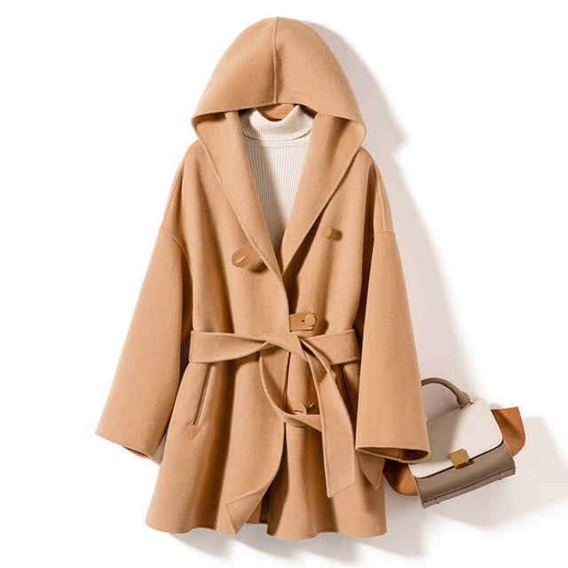 Hooded double-sided cashmere coat for women mid-length spliced ​​leather cloak autumn and winter new small wool coat for women