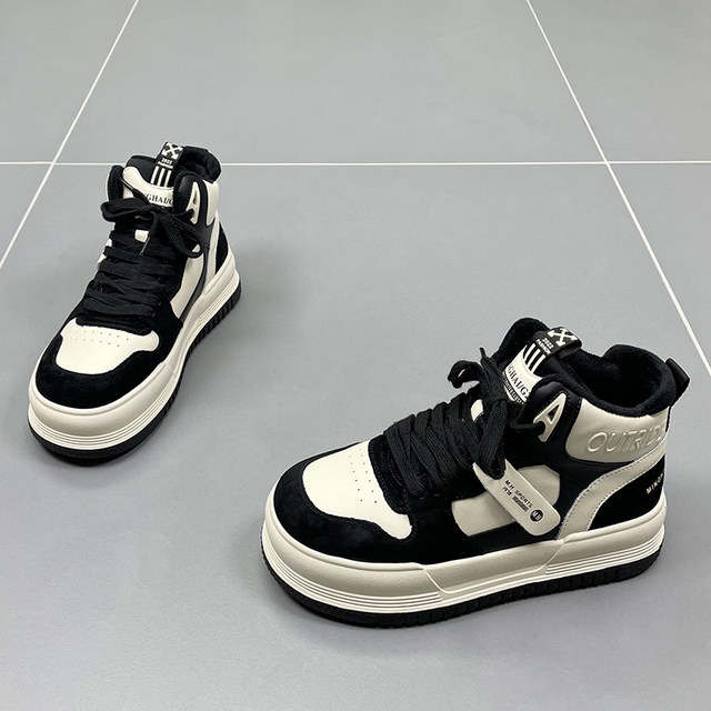 Genuine leather and velvet high-top shoes for women 2025 winter new round-toe thick-soled thickened warm cowhide sports and leisure sneakers