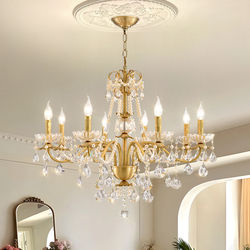 French-Style Vintage Brass Crystal Chandelier, Antique Pearl Candle Chandelier, Luxury Designer Lighting for Villa Living Room and Dining Room