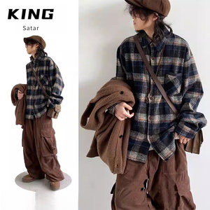 
Japanese retro woolen plaid shirt for boys and girls in fall and winter college style loose and versatile neutral plaid long-sleeved shirt