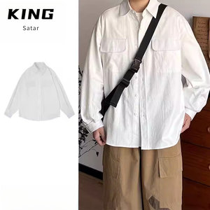 
Japanese men's spring and autumn simple casual versatile couple solid color pocket shirt college style loose casual shirt for men