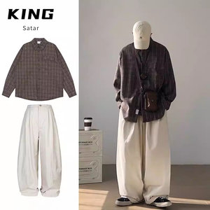 
Two-piece set/Spring and Autumn Japanese casual style brown retro plaid shirt for men and women with long sleeves and relaxed fit suit