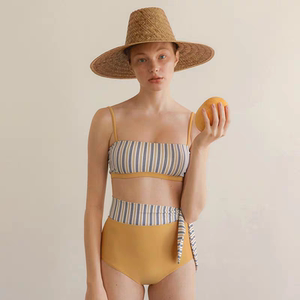 Special tube top high -waist new Korean striped split high waist high waist swimwear bubble hot spring swimsuit women simple
