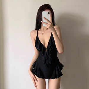 Special black dark V lotus leaf border Bikini hot spring swimsuit dress with chest pad sleeveless casual swimsuit sexy
