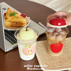 Cute Apple Glass Cup for Home Use, High Temperature Resistant Coffee Milk Cup, Juice Cup with Straw, Large Capacity Cup for Students