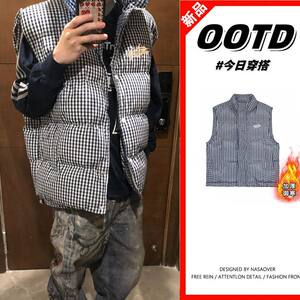 
Blue plaid cotton vest for male and female couples in autumn and winter Korean style layered high-end thickened sleeveless stand-collar cotton jacket