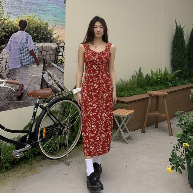 Pink Floral Suspender Dress Sexy Waist Beautiful Long Vacation Dress cc3064