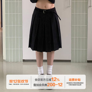 
Where's the Orange Tree? Black three-quarter skirt for women. Autumn college style versatile slimming temperament a-line pleated skirt.