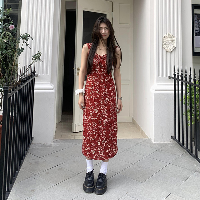 Retro velvet suspender dress for women summer French rose print dress
